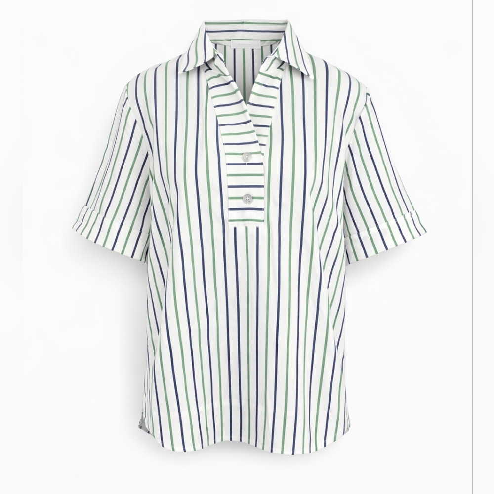 Hinson Wu Aileen Striped Button Down Shirt Green Blue 3/4 Sleeve Blouse